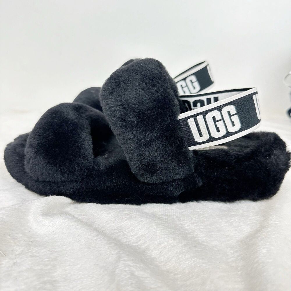 UGG Oh Yeah Slide Slipper Slingback Black 7 Platform Shearling Sandals 1107953